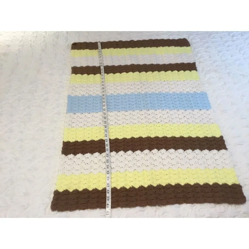Crocheted Afghan handmade Throw Cover Brown yellow white‎ Size 40 Long 28 Wide